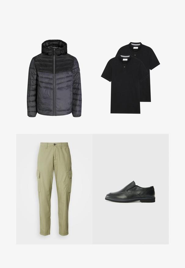 Juoda ir tamsiai pilka pūkinė striukė, turinti gobtuvą, užtrauktuko uždarymą ir siuvinėtą dizainą su horizontaliais dryžiais šilumos izoliacijai.; Du žaidimų juodos polo marškiniai, trumpomis rankovėmis, pagaminti iš medvilnės, su klasikinėmis apykaklėmis, dviem mygtukais priekyje ir baltais dryžiais apykaklės viduje.; Šviesiai alyvuogių spalvos cargo kelnės, pagamintos iš tekstūruoto audinio, su dviem šoninėmis kišenėmis ir tiesiu kojų siluetu, užsegamos mygtuku.; Juodai odiniai įtvirtinimo batai su lygiu paviršiumi, siuvinėjimo akcentais, apvalia nosimi ir žemu guminiu kulnu. Pado raštas minimalus.