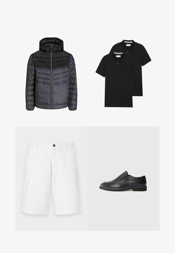 Kurtka puchowa w kolorze czarnym i ciemnoszarym, z kapturem, zapięciem na zamek i pikowanym wzorem z poziomymi paskami dla lepszej izolacji.; Dwie czarne koszulki polo z krótkim rękawem, wykonane z materiału bawełnianego, z klasycznym kołnierzykiem, z zapięciem na dwa guziki oraz białymi paskami wewnątrz kołnierza.; Białe lniane szorty o luźnym kroju, z pojedynczym zapięciem na guzik, szlufkami na pasek i bocznymi kieszeniami. Gładka tekstura i prosty dół.; Czarne skórzane buty wsuwane z gładką cholewką, przeszyciami, okrągłym noskiem i niskim gumowym obcasem. Podeszwa ma minimalny bieżnik.
