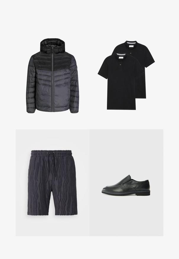 Must-jope mustalas ja tumesinises, millel on kapuuts, tõmblukk ja vatitud disain horisontaalsete triipudega isolatsiooniks.; Kaks musta polo särki, lühikeste varrukatega, puuvillane materjal, klassikalise kraega, kahe nupuga kinnitusega, valgete triipudega krae sisepinnal.; Musthave mustrid mustade laineliste mustade lühikesed püksid, elastse vöökoha ja reguleeritava paelaga, valmistatud pehmest ja kergest kangast.; Must musta laia suuga king, millel on sile ülemine osa, õmmeldud detailid, ümmargune nina ja madal kummist konts. Tallal on minimaalne mustr.