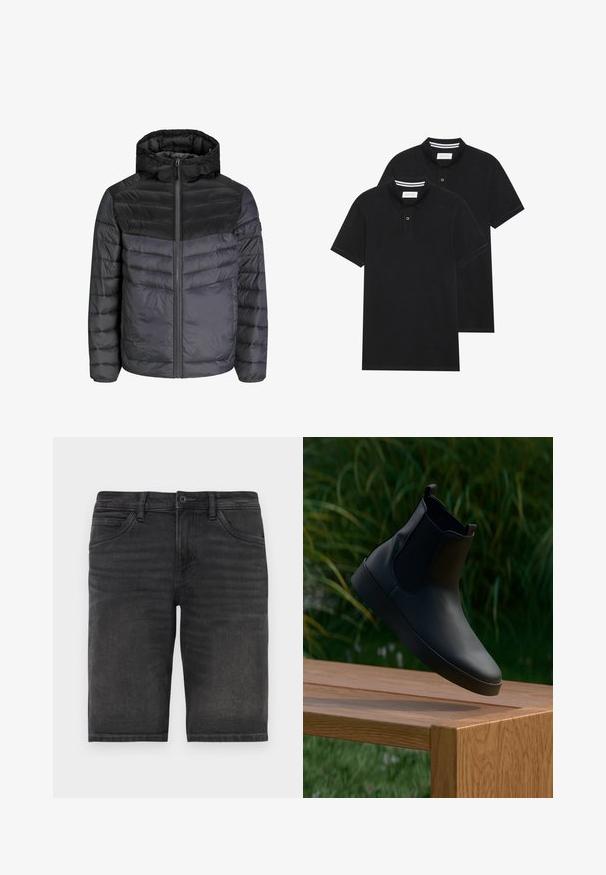 Kurtka puchowa w kolorze czarnym i ciemnoszarym, z kapturem, zapięciem na zamek i pikowanym wzorem z poziomymi paskami dla lepszej izolacji.; Dwie czarne koszulki polo z krótkim rękawem, wykonane z materiału bawełnianego, z klasycznym kołnierzykiem, z zapięciem na dwa guziki oraz białymi paskami wewnątrz kołnierza.; Czarne dżinsowe szorty o prostym kroju, pięć kieszeni i zapięcie na guzik. Charakteryzują się lekkim wyblaknięciem i solidną fakturą materiału.; Czarne skórzane botki za kostkę z elastycznymi panelami bocznymi, gładka tekstura, zaokrąglony czubek i płaska podeszwa, umiejscowione na drewnianym stole na tle zieleni.