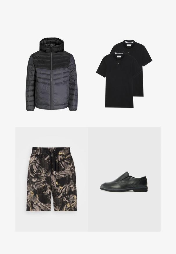 Musta ja tummanharmaa aluskero, jossa on huppu, vetskari ja tikattu muotoilu vaakasuorilla viivoilla eristyksen takaamiseksi.; Kaksi mustaa lyhythihaista poolopaitaa, puuvillamateriaalia, joissa on klassinen kaulus, kahden napin napitus ja valkoiset raidat kauluksen sisällä.; Mustat shortsit, joissa on rohkeä, abstrakti lehtimuotoilu harmaan ja keltaisen sävyissä. Varustettu joustavalla vyötärönauhalla ja kiristysnauhoilla säädettävää istuvuutta varten.; Musta nahkainen liukujalkine, jossa on sileä pinta, ommeltuja yksityiskohtia, pyöristetty kärki ja matala kumipohja. Pohjassa on minimaalinen pito.