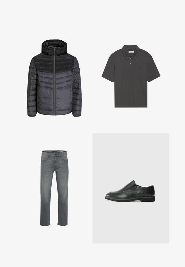 Jachetă din material impermeabil, de culoare neagră și gri închis, cu glugă, închidere cu fermoar și un design matlasat cu dungi orizontale pentru izolație.; Cămașă polo gri închis cu guler tradițional, închidere cu trei nasturi, mâneci scurte și buzunar pe partea stângă a pieptului. Textură de țesătură netedă.; Blugi gri din denim, croi drept. Dispun de cinci buzunare, închidere cu nasturi și detalii texturate subtile. Talie medie.; Pantof de piele neagră, tip slip-on, cu un superior neted, accente cusute, vârf rotunjit și un toc jos din cauciuc. Talpa are un profil minim de aderență.