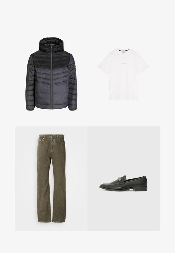 Dámská péřová bunda v černé a tmavě šedé barvě, s kapucí, zipovým zapínáním a prošívaným designem s horizontálními pruhy pro izolaci.; Bílý bavlněný tričko s krátkými rukávy, kulatým výstřihem a jemným textem uprostřed. Hladká textura s volným střihem.; Olivově zelené džíny rovného střihu, vyrobené z texturované bavlněné tkaniny. Obsahují pět kapes, kovové zapínání na knoflík a jemné vertikální švy.; Černé kožené mokasíny s hladkým povrchem, s prošívaným designem a dekoračním kovovým řetízkem přes nárt. Plochý podpatek.