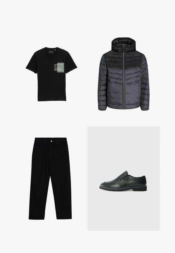 Down jacket in black and dark grey, featuring a hood, zip closure, and quilted design with horizontal stripes for insulation.; Black cotton t-shirt with a round neckline, short sleeves, and a printed rectangular graphic on the front featuring text and patterns.; Black denim pants featuring a straight-leg cut, five-pocket design, and a front button closure. Smooth texture with minimal stitching details.; Black leather slip-on shoe with a smooth upper, stitched accents, rounded toe, and a low rubber heel. Sole features minimal tread.