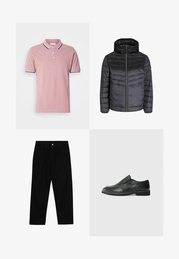 Čierna a tmavošedá zateplená bunda s kapucňou, zipsom a prešívaným dizajnom s horizontálnymi pruhmi pre izoláciu.; Ružová polo košeľa s dvojitým gombíkom, ribovaným golierom so námorníckymi a bielymi pruhmi a jemným logom vyšitým na hrudníku.; Čierne denimmové nohavice s rovný strihom, dizajnom s piatimi vreckami a upínaním na prednej strane. Hladká textúra s minimálnymi detailmi šitia.; Čierny kožený nazúvací topánka s hladkým zvrškom, prešitými akcentmi, zaoblenou špičkou a nízkym gumovým podpätkom. Podošva má minimálny dezén.