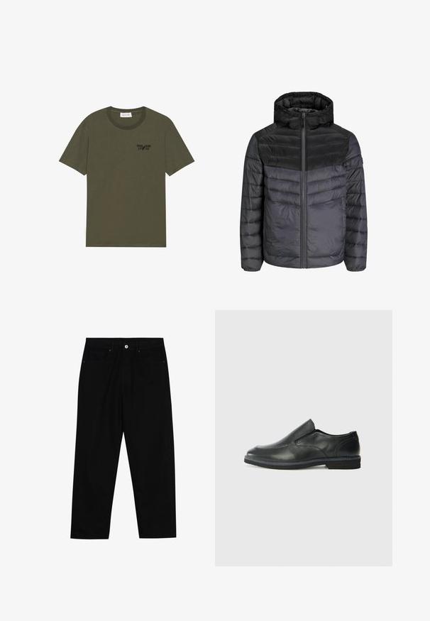 Nedestøv i sort og mørkegrå, med hætte, lynlås-lukning og quiltet design med vandrette striber til isolering.; Pier One T-shirts basic - forest night; Sorte denimbukser med lige ben, fem lomme-design og knaplukning foran. Glat tekstur med minimale syninger.; Sorte læder slip-on sko med en glat overdel, syede detaljer, rund tå og en lav gummihæl. Sålen har minimal profil.