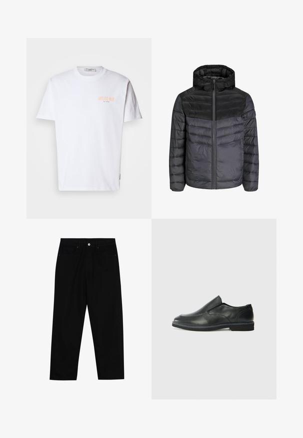 Nedestøv i sort og mørkegrå, med hætte, lynlås-lukning og quiltet design med vandrette striber til isolering.; Hvid bomulds T-shirt med korte ærmer, med "ANTICO BAR" trykt i lyse orange på venstre bryst og en rund halsudskæring.; Sorte denimbukser med lige ben, fem lomme-design og knaplukning foran. Glat tekstur med minimale syninger.; Sorte læder slip-on sko med en glat overdel, syede detaljer, rund tå og en lav gummihæl. Sålen har minimal profil.