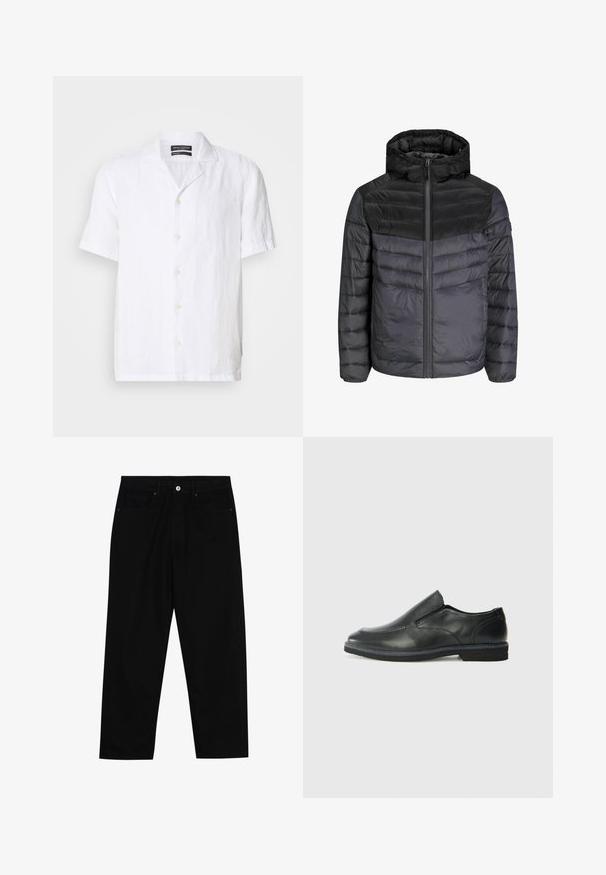 Chaqueta de plumón en negro y gris oscuro, con capucha, cierre de cremallera y diseño acolchado con rayas horizontales para aislamiento.; Camisa blanca de manga corta, tipo botonadura, hecha de lino ligero, con un cuello y siete botones en la parte delantera, con un corte relajado.; Pantalones de mezclilla negra con corte recto, diseño de cinco bolsillos y cierre frontal con botón. Textura suave con detalles de costura mínimos.; Zapato negro de cuero sin cordones con un upper suave, detalles de costura, punta redonda y un bajo tacón de goma. La suela presenta una tracción mínima.