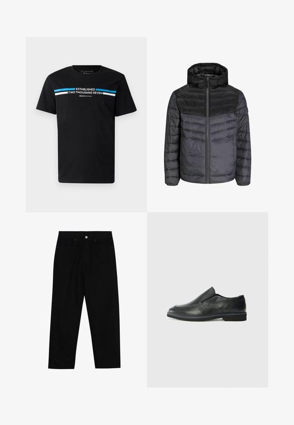 Juoda ir tamsiai pilka pūkinė striukė, turinti gobtuvą, užtrauktuko uždarymą ir siuvinėtą dizainą su horizontaliais dryžiais šilumos izoliacijai.; Juodas medvilninis marškinėliai su apykakle, trumpomis rankovėmis ir baltai-mėlyna grafika, ant kurios yra užrašas "ĮSTEIGTA DU TŪKSTANČIAI SEPTYNI".; Juoda džinsinė kelnė su tiesiu kirpimu, penkių kišenių dizainu ir priekiniais mygtukais. Lygus paviršius su minimaliu siuvimo detalėmis.; Juodai odiniai įtvirtinimo batai su lygiu paviršiumi, siuvinėjimo akcentais, apvalia nosimi ir žemu guminiu kulnu. Pado raštas minimalus.