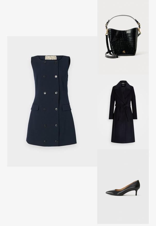 Tumesest villasegist valmistatud mantel laia kraega, vööga, pikkae varrukatega ja sirge lõikega. Omab sujuvat tekstuuri ja minimaalset detailide rohkust.; Tumesin ilmaõlavarretega kleit, liibuv vorm, kahekordne nupplukustus, kaks esikotiga taskut ja lame krae struktureeritud silueti saavutamiseks.; Must musta musta, millel on terav nina, madal konts ja sile tekstuur. Omab pisut avatud osa ees ja minimaalset riistvara taga.; Mustad krokodillimustriga must nahast kott, millel on kõver kuju, kuldse riistvara aktsessid, reguleeritav rihm ning logodetail esiosas.