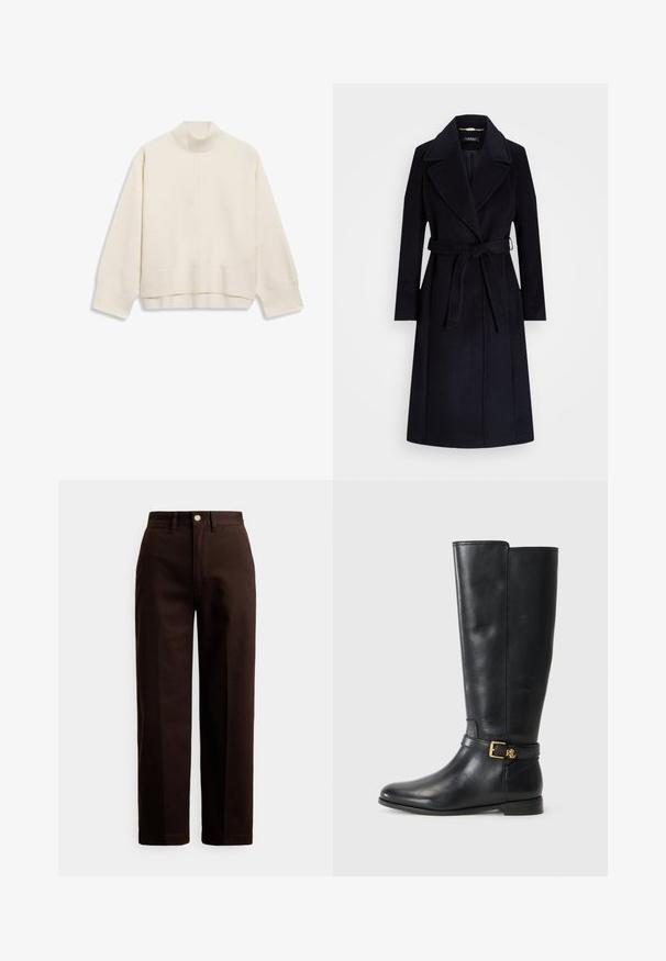 Tamsiai mėlynas vilnos ir sintetinių pluoštų paltas su plačiais atvartais, diržo juosmeniui, ilgomis rankovėmis ir tiesiu kirpimu. Paltas turi lygų paviršių ir minimalų dekorą.; Grietos spalvos megztinis su raukšlėtu apykakle, nuleistais pečiais ir šiek tiek trumpu siluetu. Pagamintas iš minkštos, tekstūruotos medžiagos.; Tamsiai rudos tiesios kelnės su sagos ir užtrauktuko užsegimu, diržo kilpomis ir priekinių kišenių detale ant balto fono.; Juodų odinių batų iki kelių su aukso sagtimi. Dizainas yra glotnus ir elegantiškas, o fonas baltas.