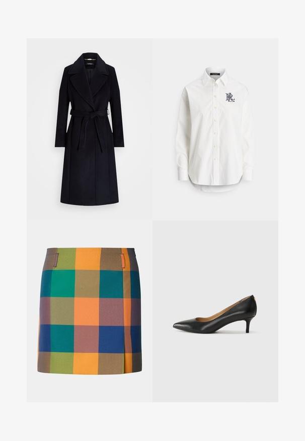 Marineblauer Wollmischungsmantel mit breitem Revers, tailliertem Gürtel, langen Ärmeln und geradem Schnitt. Hat eine glatte Textur und minimale Details.; Weiße Baumwoll-Bluse mit langen Ärmeln, spitzem Kragen und einem navyfarbenen Logo, das auf der linken Brust eingestickt ist. Abgerundeter Saum am unteren Rand.; Bunt gemusterter Rock mit einem kräftigen Karomuster aus orangefarbenen, grünen, blauen und braunen Quadraten. Entworfen mit einem geraden Schnitt und seitlichen Akzenten.; Schwarzer Lederpumps mit spitzem Zehenbereich, niedrigem Absatz und glatter Textur. Verfügt über eine leichte Öffnung an der Vorderseite und minimale Beschläge an der Rückseite.