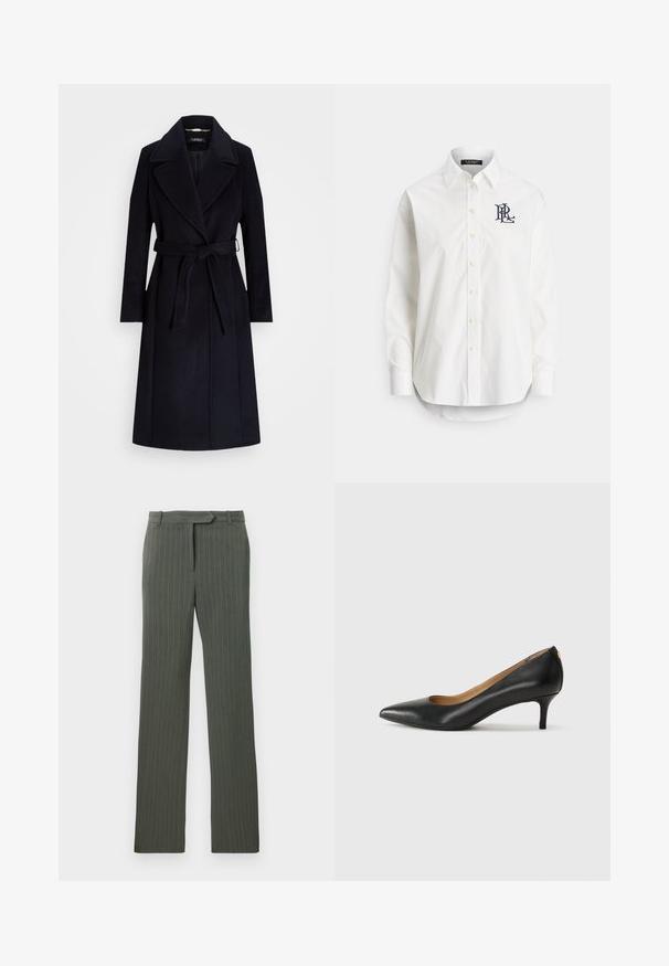 Manteau en mélange de laine navy avec un large col, une taille ceinturée, des manches longues et une coupe droite. Dispose d'une texture lisse et de détails minimaux.; Chemise blanche en coton à boutons avec manches longues, col pointu, et un logo marine brodé sur la poitrine gauche. Ourlet arrondi en bas.; Pantalon tailored à rayures grises foncées avec passants de ceinture et coupe droite, posé à plat sur un fond blanc.; Pompe noire en cuir avec un embout pointu, un petit talon et une texture lisse. Présente une légère ouverture à l'avant et un matériel minimal à l'arrière.