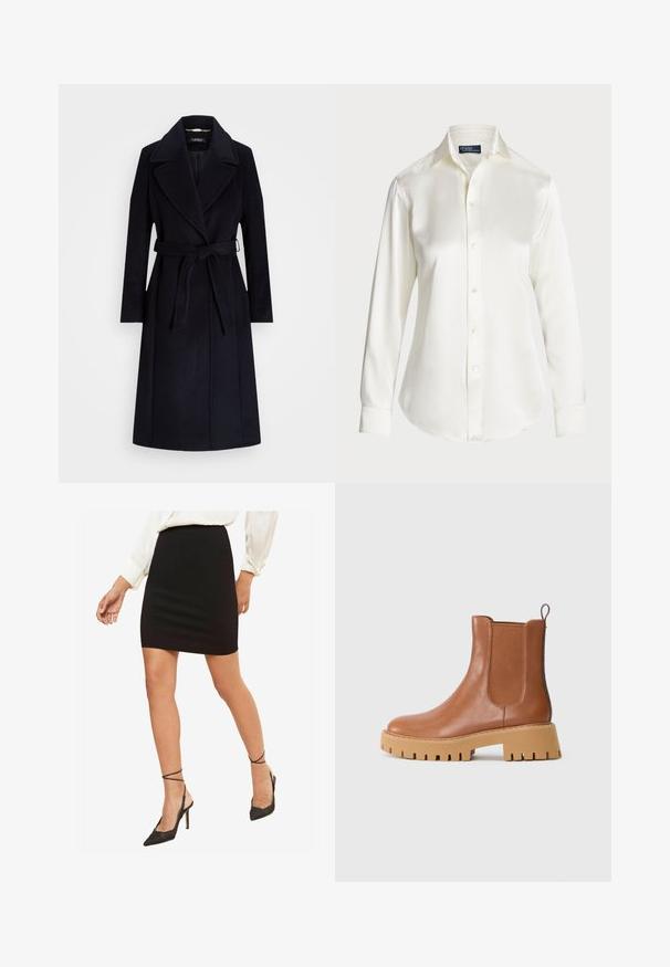 Marineblauwe wolmix jas met een brede revers, een ceintuur in de taille, lange mouwen en een rechte snit. Kenmerkt zich door een soepele textuur en minimale details.; Witte lange mouwen overhemd met knopen, gemaakt van een gladde stof, met een klassieke kraag en subtiele glans, met een ronde zoom en knoopdetails.; Zwarte strakke minirok, gladde stof, middelhoge taille, gecombineerd met zwarte puntige hoge hakken met enkelbandjes.; Bruine leren enkellaars met elastische zijkanten, ronde neus en zware tan platformzool met opvallend profiel.