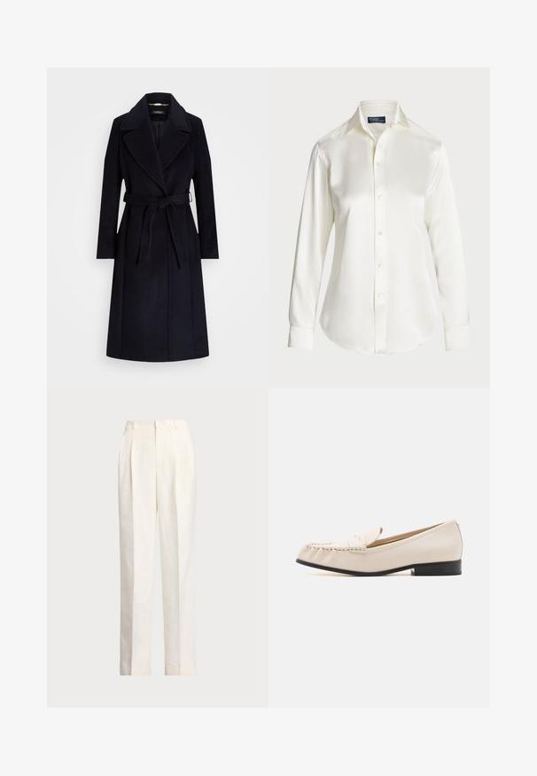 Tumesest villasegist valmistatud mantel laia kraega, vööga, pikkae varrukatega ja sirge lõikega. Omab sujuvat tekstuuri ja minimaalset detailide rohkust.; Valge pikkade varrukatega nööstatud särk, valmistatud siledast kangast, klassikalise kraega ja delikaatse sära ning ümarate servade ja nööbiga detailidega.; Polo Ralph Lauren HEMP WIDE LEG PANT - Püksid - nevis; MICHAEL Michael Kors CARLSON LOAFER - Jalga libistatavad jalanõud - light cream