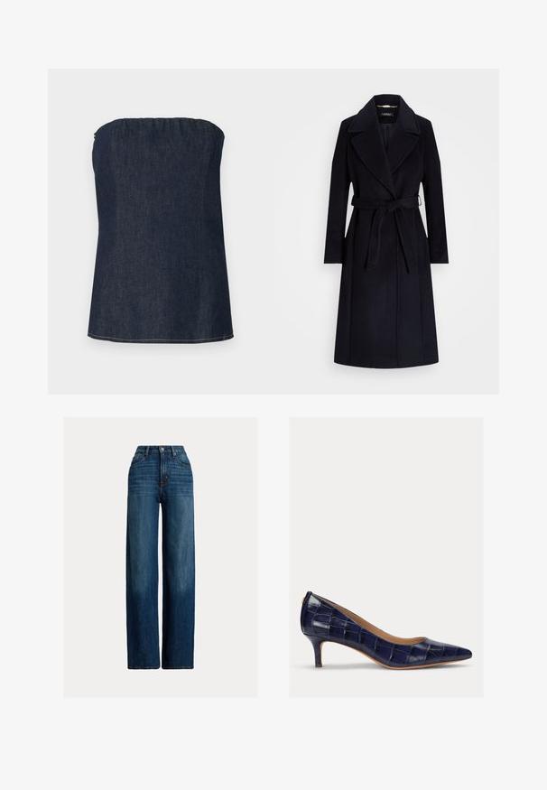 Mornarski kaput od vune s dodatkom, s širokim reverima, pojasom u struku, dugim rukavima i ravnim krojem. Ima glatku teksturu i minimalne detalje.; Tamni plavi traper top bez naramenica s nabranošću na izrezu i čistim rubom. Glatka tekstura i minimalni detalji šivanja.; Široke traperice u tamnoplavoj boji. Imaju visoki struk, zatvaranje na dugme i klasičan dizajn s pet džepova. Glatka tekstura s suptilnim izbljeđenjem.; Navy plava, lakirana visoka peta s uskim vrhom i malom, vitkom potpeticom. Sadrži kviltanu teksturu i bez vidljivih metalnih detalja.