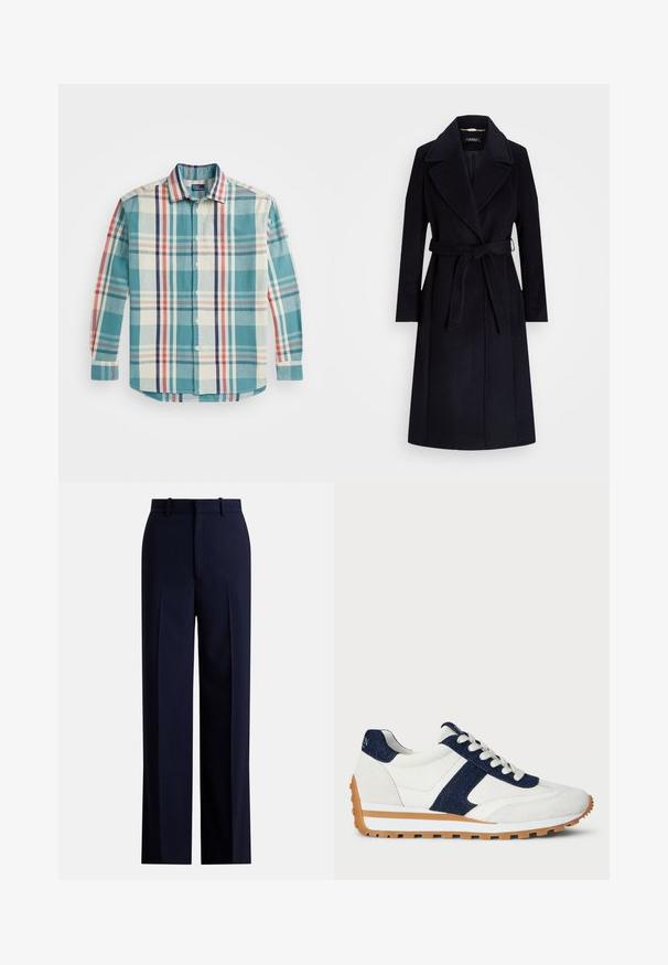 Marinblå ullblandad kappa med bred krage, bälte i midjan, långa ärmar och rak passform. Har en mjuk textur och minimalistisk detaljering.; Knapp-up skjorta gjord av vävd tyg, med ett mönster i teal, kräm, marinblå och röd rutigt. Den har en spridningskrage och långa ärmar.; Marinblå byxor med rak skärning, utrustade med veck, bälteshällor och en slät yta. Gjorda av ett lätt tyg.; Vit sneaker med marinblå denim och mockadetaljer. Har en texturerad ovandel, vadderad krage, snörning fram och en kontrasterande gummisul.