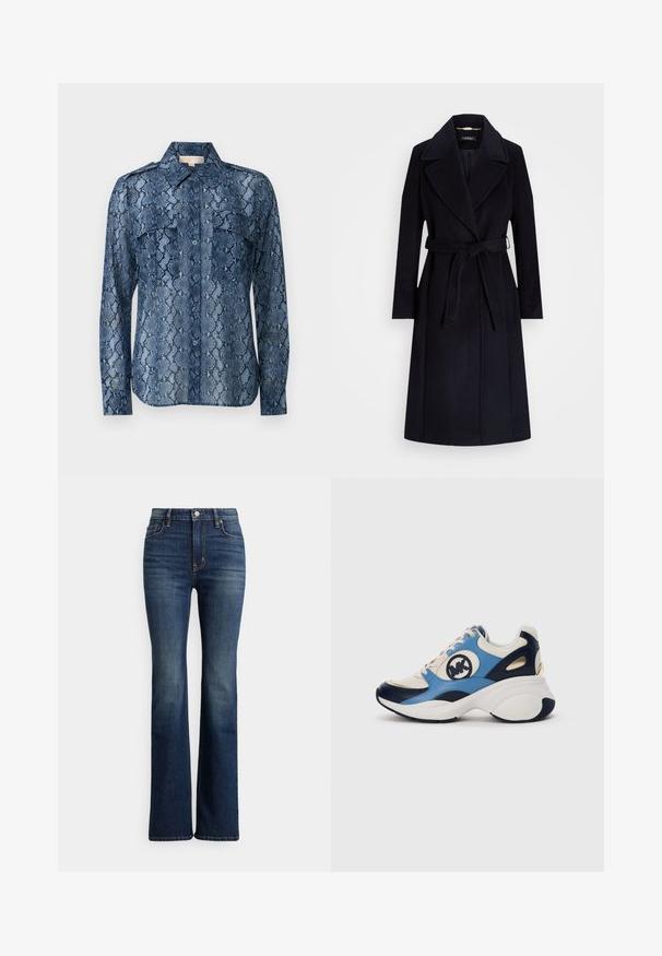 Marinblå ullblandad kappa med bred krage, bälte i midjan, långa ärmar och rak passform. Har en mjuk textur och minimalistisk detaljering.; Långärmad skjorta i blå ormskinnsmönster. Tillverkad av genomskinligt tyg med två bröstfickor och knäppning. Formad krage och manschetter.; Mörkblå jeans med hög midja och bootcut, framknäppta med knappar och fickor, lätt blekning på låren och knäområden, visas mot vit bakgrund.; Vit, marinblå och ljusblå mockaskor med tjock sula och cirkulär broderad logotyp på sidan.