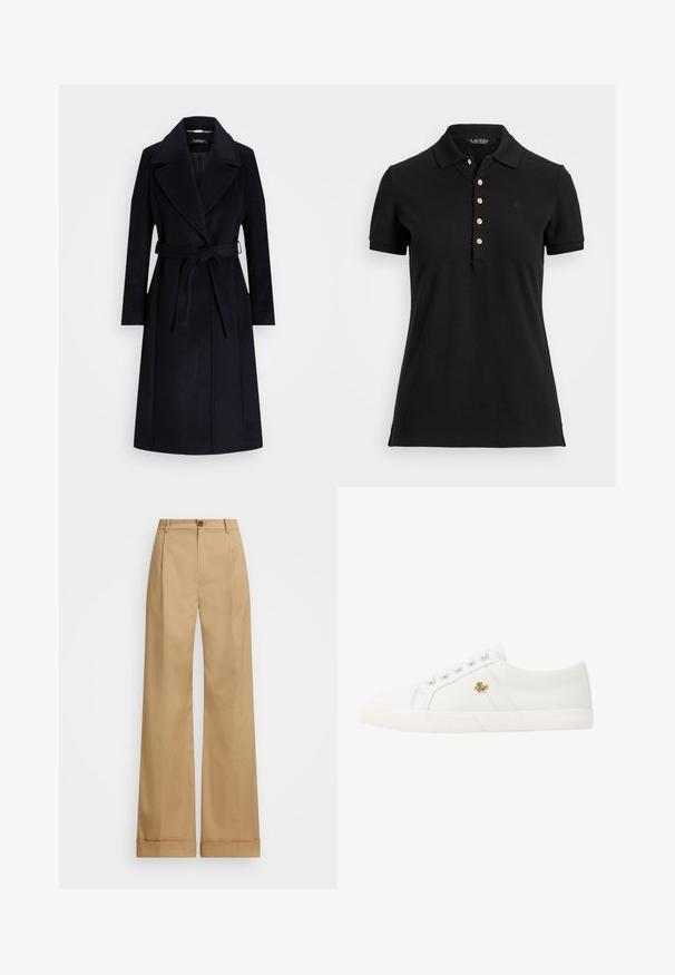 Jūras spēku tumši zilas vilnas maisījuma mētelas ar plašu apkakli, jostu viduklī, garām piedurknēm un taisnu griezumu. Tam ir gluda tekstūra un minimāla apdare.; Melnā polo krekls, izgatavots no gludas kokvilnas auduma, ar apkakli, īsām piedurknēm un zelta pogām gar rindu. Mazs logotipa elements uz krūškurvja.; Bežīgas platās bikses ar pogu aizdari, kurām ir gluda tekstūra un presētās krokas. Ar aproces apakšmalēm papildu detaļām.; Lauren Ralph Lauren JANSON II CANVAS SNEAKER - Sporta apavi - optic white