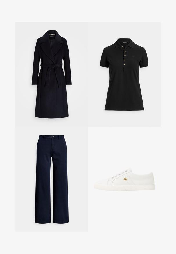 Mornarsko plašč iz volnene mešanice s širokimi reverji, pasom, dolgimi rokavi in ravnim krojem. Ima gladko teksturo in minimalne podrobnosti.; Črna polo majica iz teksturiranega blaga, s ovratnikom, kratkimi rokavi in zapiralom z zlatimi gumbi. Diskreten logotip na prsih.; Ohlapne hlače mornarsko modre barve iz bombaža, s sprednjo zadrgo z gumbi, zanke za pas in gladkim, teksturiranim zaključkom.; Lauren Ralph Lauren JANSON II CANVAS SNEAKER - Športni copati - optic white