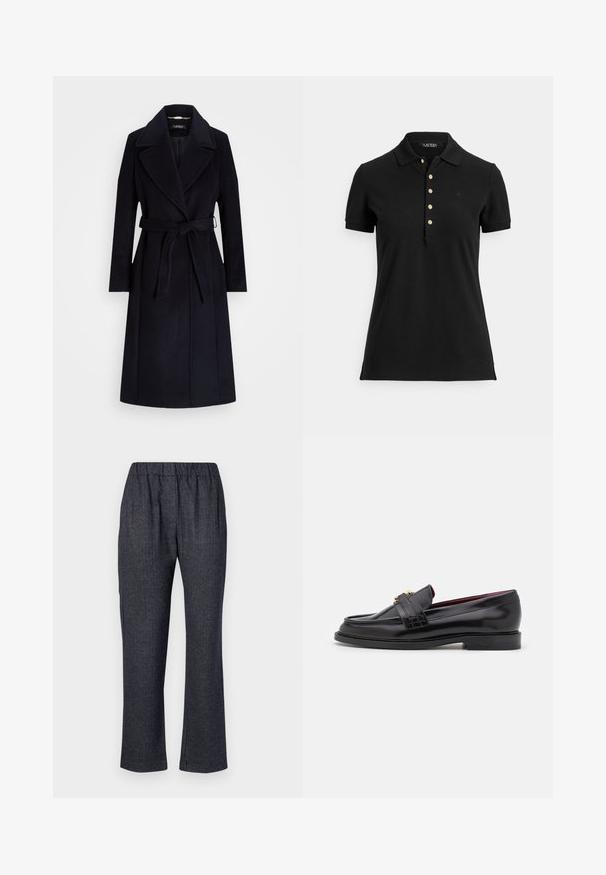 Mornarsko plašč iz volnene mešanice s širokimi reverji, pasom, dolgimi rokavi in ravnim krojem. Ima gladko teksturo in minimalne podrobnosti.; Črna polo majica iz teksturiranega blaga, s ovratnikom, kratkimi rokavi in zapiralom z zlatimi gumbi. Diskreten logotip na prsih.; Weekend Max Mara CORDOBA - Hlače - blu; Črne usnjene loafers čevlje z nežnim vzorcem, gladko teksturo, podrobnostmi z zlatimi zaponkami in zaobljenim prednjim delom, postavljeni na nizkem črnem podplatu.