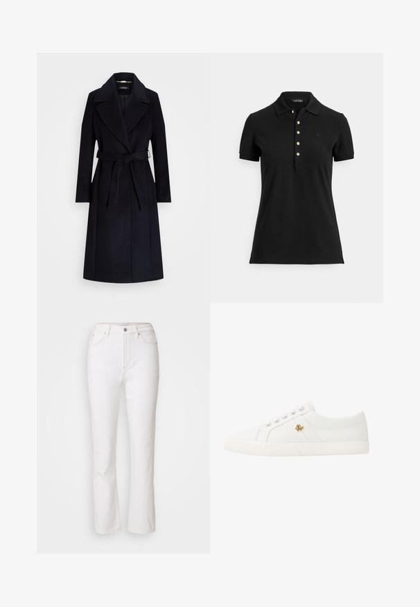Tamsiai mėlynas vilnos ir sintetinių pluoštų paltas su plačiais atvartais, diržo juosmeniui, ilgomis rankovėmis ir tiesiu kirpimu. Paltas turi lygų paviršių ir minimalų dekorą.; Juoda polo marškinėliai iš tekstūruotos medžiagos, turintys apykaklę, trumpas rankoves ir apatinę dalį su auksiniais mygtukais. Švelnus logotipo detalė ant krūtinės.; Balti džinsai su tiesia kojų forma, aukštu liemeniu ir minimaliu siuvimo detalėmis. Turi metalinį sagčių užsegimą ir priekinėmis kišenėmis.; Lauren Ralph Lauren JANSON II CANVAS SNEAKER - Sportbačiai - optic white