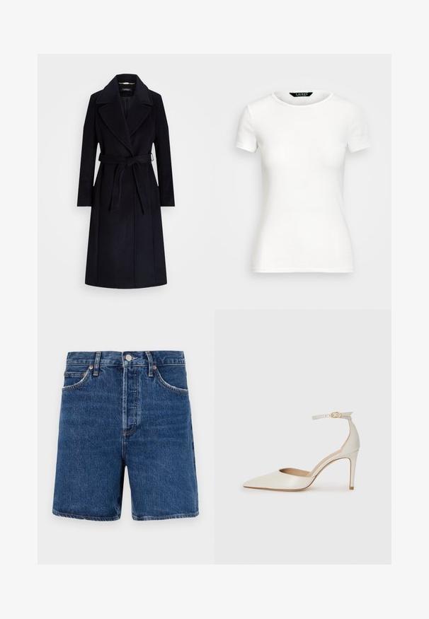 Navy wool-blend coat with a wide lapel, belted waist, long sleeves, and a straight cut. Features a smooth texture and minimal detailing.; White cotton T-shirt with short sleeves, round neck, fitted design, and smooth texture. Logo tag at neckline.; Denim shorts in dark blue with a classic cut, featuring five pockets, a button closure, and contrasting orange stitching details.; White leather high-heeled shoe with a pointed toe, ankle strap, and a slim stiletto heel. Smooth texture with subtle glossy finish.