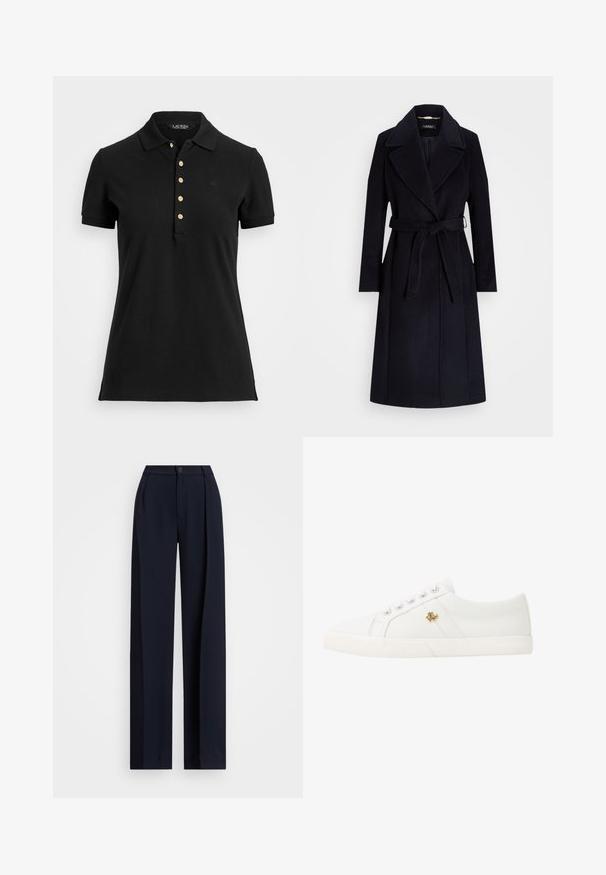 Casaco em mistura de lã azul-marinho com lapela ampla, cintura cingida, mangas longas e corte reto. Apresenta uma textura suave e detalhes mínimos.; Camisa polo preta feita de um tecido de algodão suave, com colarinho, mangas curtas e botões dourados ao longo da pala. Pequeno detalhe do logótipo no peito.; Calças largas em azul-marinho com pregas, fecho de botão e uma textura de tecido suave. Projetadas para um ajuste solto e confortável.; Lauren Ralph Lauren JANSON II CANVAS SNEAKER - Sapatilhas - optic white