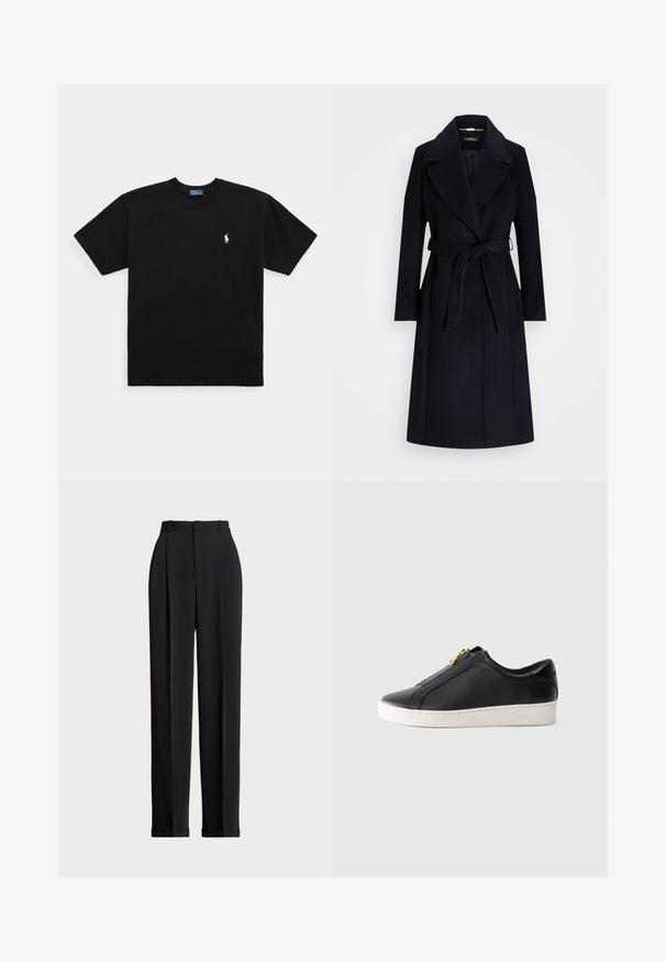 Casaco em mistura de lã azul-marinho com lapela ampla, cintura cingida, mangas longas e corte reto. Apresenta uma textura suave e detalhes mínimos.; T-shirt de algodão preto com decote redondo, mangas curtas, e um pequeno logótipo da polo branco no lado esquerdo do peito. Textura suave, corte clássico.; Calças pretas ajustadas com uma cintura alta, apresentando pregas na frente, um design de perna reta e bainha com punho. Feitas de tecido suave.; Sapatilha baixa de couro preta com sola branca e fecho de zíper dourado, vista lateral, estilo minimalista sobre fundo simples.