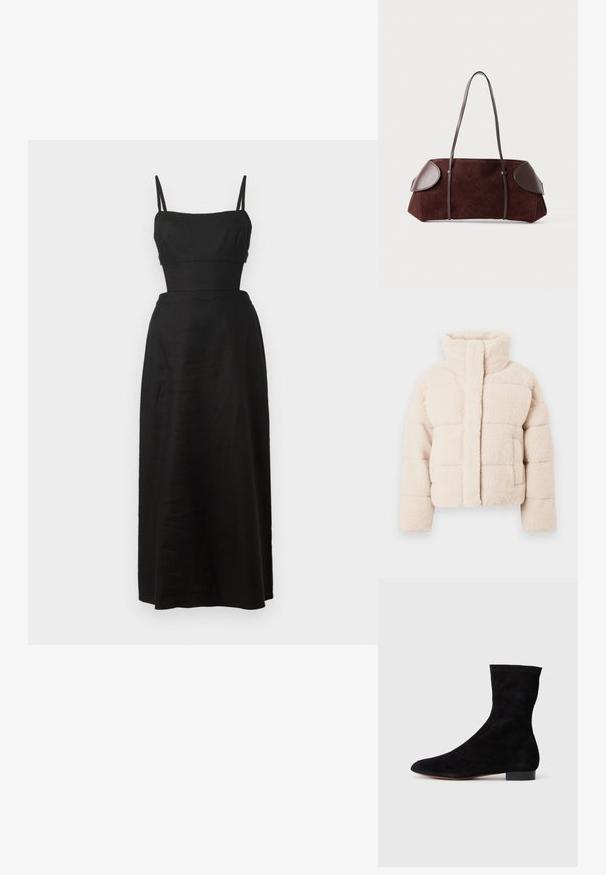 Jachetă puffer din fleece bej cu guler înalt, având un design matlasat și buzunare frontale, cu o textură moale pe toată suprafața.; Rochie maxi neagră, fără mâneci, cu corset ajustat și fustă amplă; realizată dintr-un material ușor, având bretele subțiri ajustabile.; Cizme scurte din suede negre, cu un știft ajustat, vârful ascuțit și un toc mic, pătrat. Textură netedă și design minimalist, potrivite pentru un stil versatil.; Geantă din suede maro cu accente din piele, formă structurată, două curele de umăr și margini rotunjite, având o textură netedă și hardware minim.