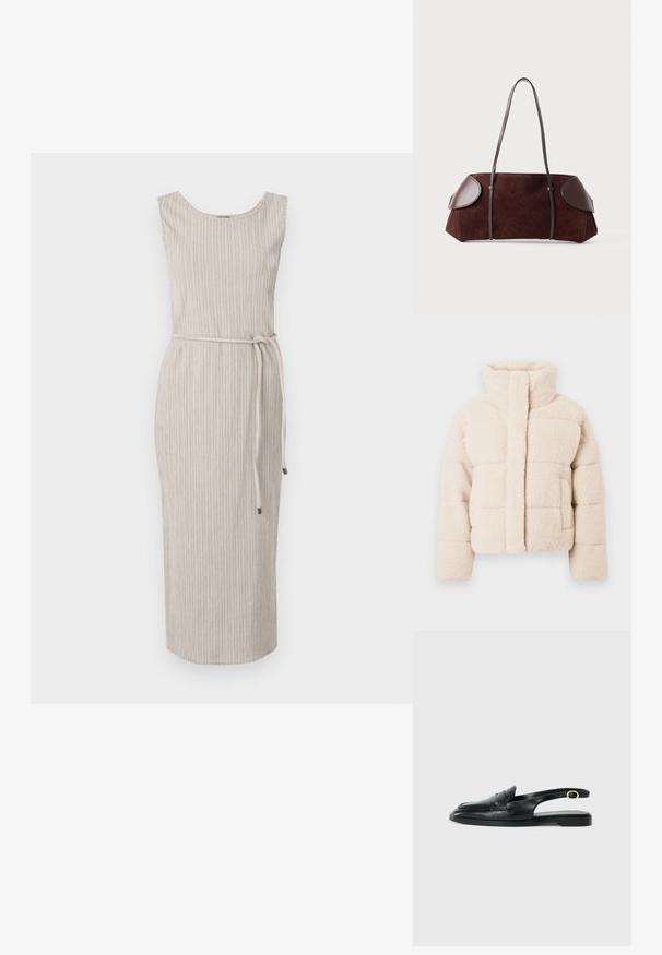 Beige színű gyapjú pufi dzseki magas gallérral, steppelt mintázattal és elülső zsebekkel, az egész felülete puha tapintású.; Beige, ujjatlan ruha kerek nyakkal, textúrált függőleges csíkkal és derékon elhelyezett, azonos színű kötővel. Félvádli hosszan.; Fekete bőr szandál cipő, lekerekített orral, lapos talppal, oldalsó kivágással és aranyszínű díszítéssel ellátott pánttal.; Barna velúr táska bőrkiegészítőkkel, strukturált forma, dupla vállpántok és kerekded élek, sima felülettel és minimális fém kiegészítőkkel.