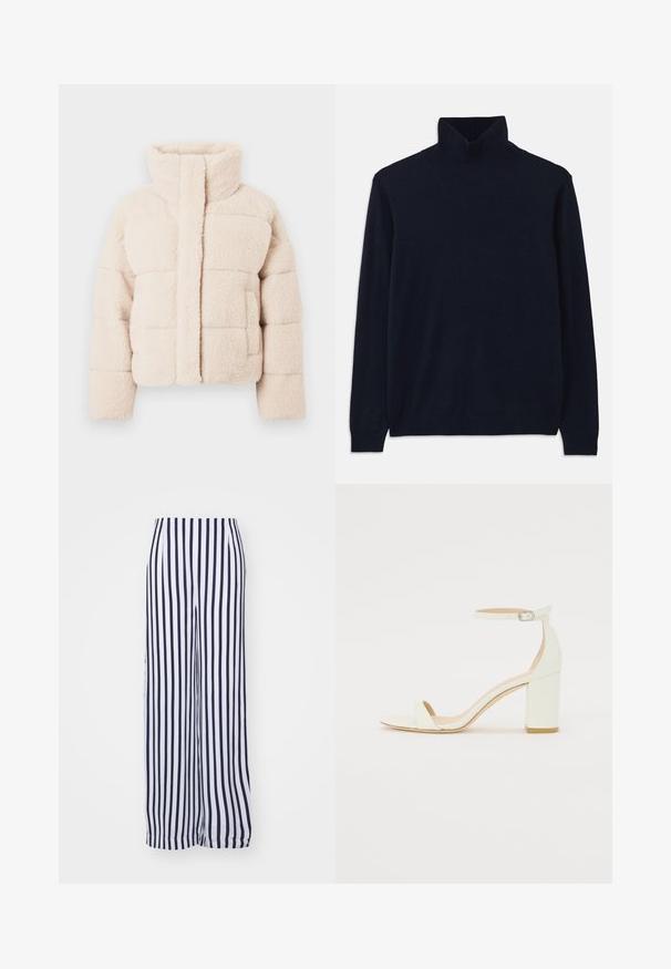 Beige fleece puffer jacket with a high collar, featuring a quilted design and front pockets, soft texture throughout.; Navy turtleneck sweater with long sleeves, made from soft knit fabric. Features ribbed collar and cuffs, with a simple design and no patterns.; Wide-leg trousers in white and navy vertical stripes. Made of lightweight fabric with a smooth texture and an elastic waistband.; White leather block-heel sandal featuring an ankle strap with a buckle and minimalist design. Open toe and smooth textures throughout.