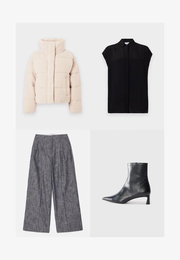 Beige színű gyapjú pufi dzseki magas gallérral, steppelt mintázattal és elülső zsebekkel, az egész felülete puha tapintású.; Fekete, rövid ujjú blúz sima anyagból készült. Hegyes gallérral és elöl gombos záródással rendelkezik. Tiszta, minimál stílusú dizájn.; Filippa K DARCEY TEXTURED TROUSERS - Nadrágok - navy/white; Fekete bőr bokacsizma hegyes orral és letisztult dizájnnal. Alacsony sarka és hátsó cipzáras záródása van. Simának tűnő textúra.