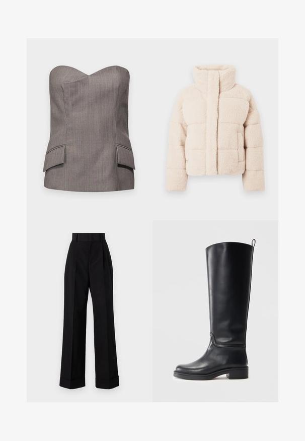 Bežinis pūkinis džemperis su aukštu apykaklė, turintis siuvinėtą dizainą ir priekinėmis kišenėmis, švelni tekstūra visame paviršiuje.; Pilkas be petnešų topas su struktūrizuotu dizainu, turintis subtilius vertikalius juostelės raštus ir dvi priekinės kišenes su siuvinėjimo akcentais.; Aukštu liemeniu juodos kelnės, pagamintos iš medvilnės. Turi plačius klešnės, klostes ir suktus rankogalius. Lygus paviršius, be matomų raštų ar aparatūros.; Juoda odinė aukštakulnė batai iki kelių su lygiu paviršiumi, apvaliu nosiu ir storu padu. Yra subtilus siūlės detalės ir traukimo kilpa viršuje.