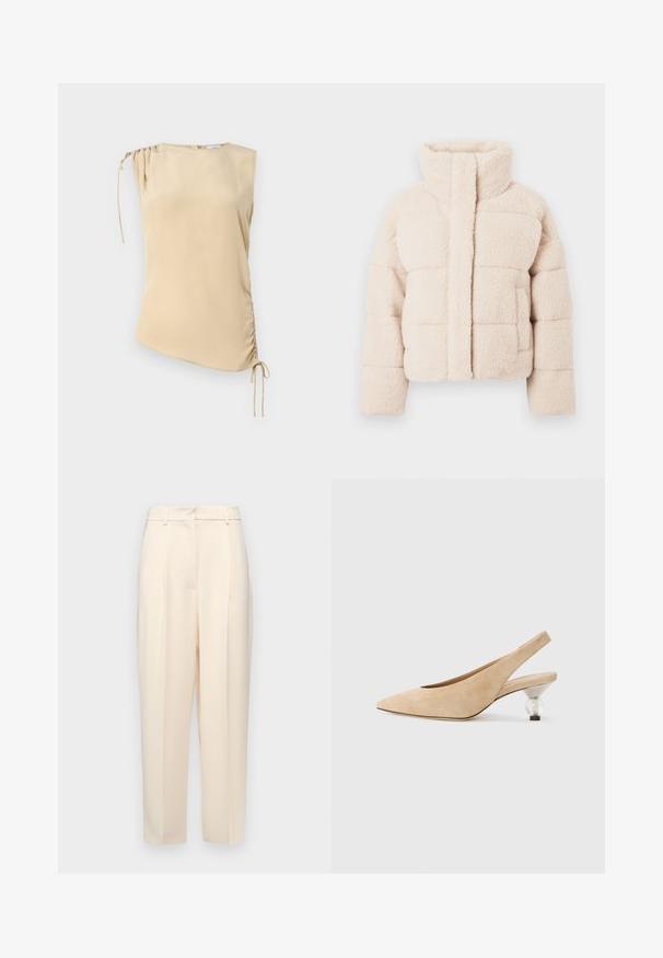 Béžová fleecová péřová bunda s vysokým límcem, se vzorem prošívání a předními kapsami, celkově měkká textura.; Béžový bezrukávový top s asymetrickým lemem, který má na rameni nařasenou část a nastavitelné šňůrky na jedné straně. Hladká textura.; Béžové kalhoty na míru se rovný fit, s plizovanými detaily na přední straně, hladkou texturou a středním pasem. Bez viditelných kapes.; Béžová semišová slingback obuv s špičatou špičkou a průhledným, zakulaceným podpatkem. Hladká textura a minimalistický design.