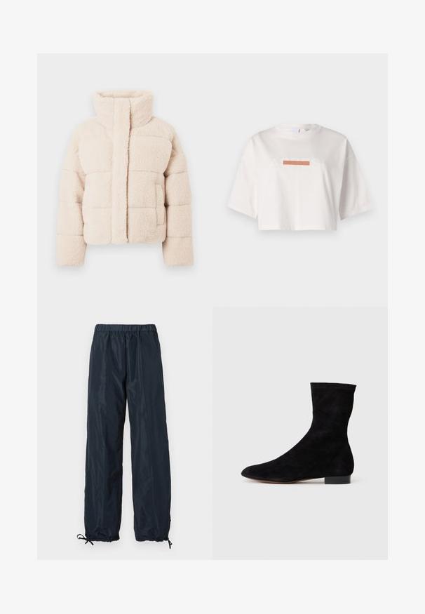 Beige fleece pufferjack met hoge kraag, met een doorgestikt ontwerp en voorzakken, zachte textuur overal.; Witte cropped t-shirt van katoen met korte mouwen en een grafische print met de tekst "ACRESI" en een horizontale oranje streep.; Navy windbreaker broeken met een elastische tailleband, verstelbare manchetten en een glad, lichtgewicht materiaal. Volledige lengte met geen zakken.; Zwarte suède enkelboot met een aansluitende schacht, puntige neus en een lage blokhak. Gladde textuur en minimalistisch ontwerp, geschikt voor veelzijdige styling.