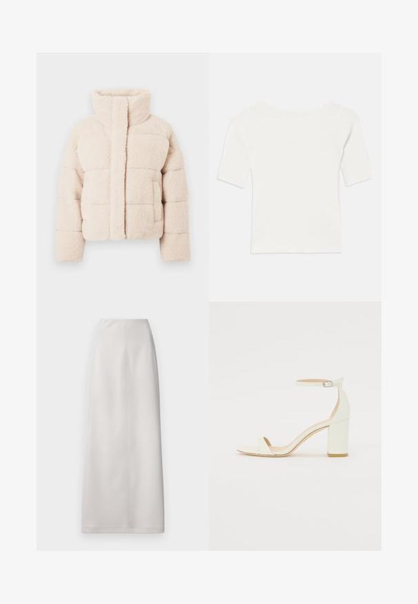 Bežna flis puhovka s visokim ovratnikom, s prešanim dizajnom in sprednjimi žepi, mehka tekstura po celotni površini.; Bela rebrasta majica s kratkimi rokavi in širokim izrezom. Tekstura prikazuje navpične črte, kar poudarja tesno prileganje in preprost dizajn.; Visoka, dolga krila iz svetlo sive tkanine z gladko teksturo in minimalnimi šivi, z ravnim krojem in brez vidnih zapiranj.; Bela usnjena sandala z blok peto, ki ima zanko okoli gležnja s sponko in minimalističen dizajn. Odkrit prst in gladke teksture po vsej površini.