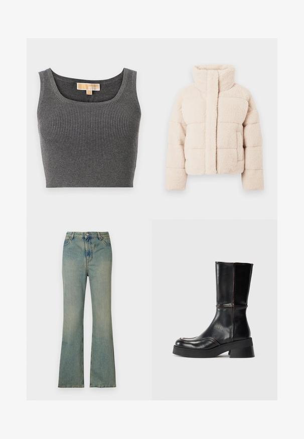 Béžová fleecová péřová bunda s vysokým límcem, se vzorem prošívání a předními kapsami, celkově měkká textura.; Šedý žebrovaný crop top s širokým kulatým výstřihem. Nabízí hladkou texturu a štítek s nápisem "MICHAEL" na vnitřním výstřihu.; Světle modré džíny s rozšířenými nohavicemi a vysokým pasem, s pěti kapsami a zipem. Čistý, vybledlý vzhled s jemnými detaily v šití.; Černé kožené kotníkové boty s blokovým podpatkem, s kontrastním prošíváním a zakřiveným tvarem špičky. Hladká textura, elegante silueta.