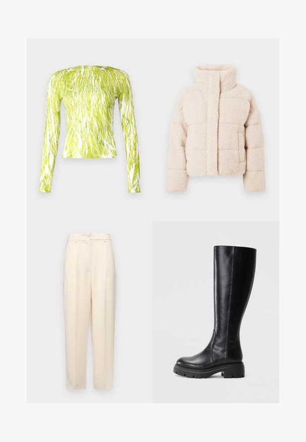 Beige fleece puffer jacket with a high collar, featuring a quilted design and front pockets, soft texture throughout.; Long-sleeve top in bright lime green with a white abstract pattern, featuring a fitted shape and round neckline.; Beige tailored trousers with a straight fit, featuring pleats at the front, a smooth texture, and a mid-rise waist. No visible pockets.; Black knee-high boots made of smooth leather, featuring a rounded toe and a chunky rubber sole with tread patterns for traction.