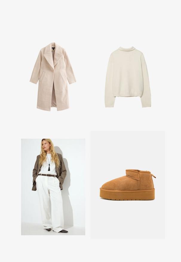 Beige wollenmix lange jas met brede revers, enkele knoopsluiting, schuine zijzakken en een rechte snit.; Crème turtleneck sweater, gemaakt van zacht breimateriaal, met lange mouwen en een relaxed fit, voorzien van ribgebreide manchetten en onderkant.; Witte korte mouwen t-shirt van katoen. Heeft een ronde halslijn en een ontspannen pasvorm. Glad textuur zonder zichtbare patronen of accenten.; Witte geplooide broek gecombineerd met een grijze blazer over een wit T-shirt, benadrukt met een bruine riem en zwarte puntige schoenen.; Bruine suède enkellaarzen met een ronde neus, laag uitgesneden ontwerp en een gestructureerde rubberen zool met een lichte plateauzool en een trekhaak.