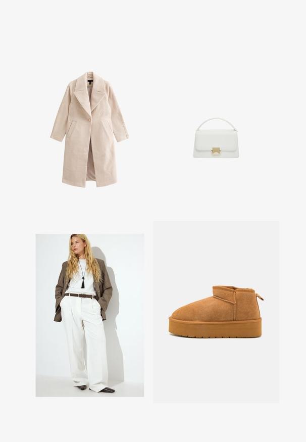 Manteau long en mélange de laine beige avec grands revers, fermeture à un bouton, poches avant à angle et silhouette droite.; Pull à col roulé crème, fabriqué en matière tricotée douce, avec des manches longues et une coupe décontractée, doté de poignets et d'un ourlet côtelés.; T-shirt blanc à manches courtes en coton. Doté d'un col ras du cou et d'une coupe décontractée. Texture lisse sans motifs ni accents visibles.; Pantalon blanc plissé associé à un blazer gris sur un T-shirt blanc, rehaussé d'une ceinture marron et de chaussures noires à bout pointu.; Bottines en nubuck marron avec un bout arrondi, une conception basse et une semelle en caoutchouc texturée comportant une légère plateforme et une languette.; Sac à main en cuir blanc au design structuré, avec une anse supérieure et un fermoir en ton doré. Texture lisse et accents minimalistes.