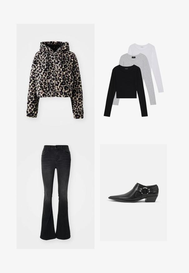 Zkrácená bunda s kapucí z měkkého umělého kožešiny v tan základní barvě a černými leopardími skvrnami. Obsahuje zip vpředu a stahovací šňůrky na kapuci.; Tři trička s dlouhým rukávem naskládaná na sobě: černé, šedé a bílé. Každé má kulatý výstřih a kratší střih z hladkého, lehkého materiálu.; Černé zvonové džíny vyrobené z denimu, s vysokým pasem, předními kapsami, zapínáním na knoflík a čistým zakončením na lemu.; Černé kožené kotníkové boty s špičatou špičkou, s předním koženým popruhem a detailem stříbrné spony, a nízkým blokovým podpatkem.
