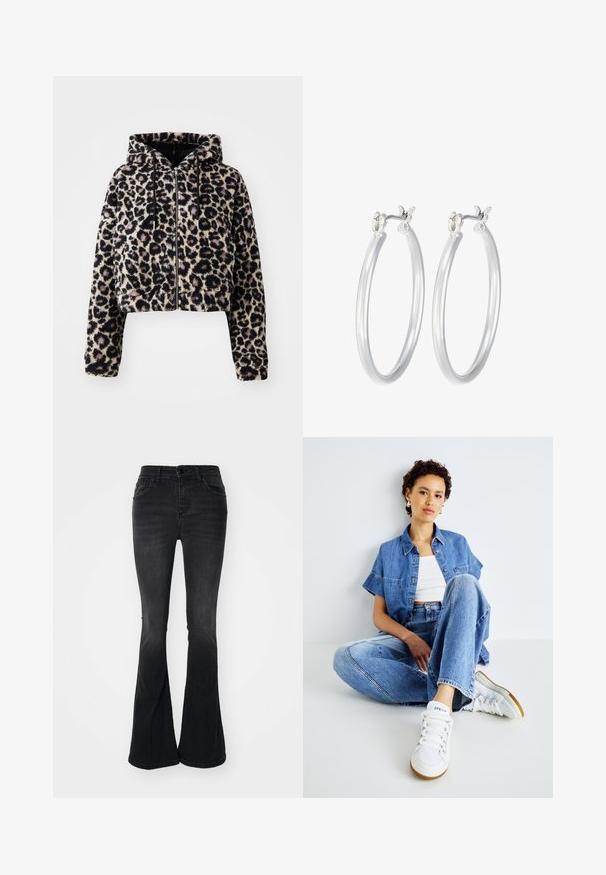 Przycięta, kapturowa kurtka z miękkiego sztucznego futra w jasnobeżowym kolorze z czarnymi łatkami w wzór lamparta. Posiada zamek błyskawiczny z przodu i sznurki do regulacji kaptura.; Trzy bluzki z długim rękawem ułożone jedna na drugiej: czarna, szara i biała. Każda z okrągłym dekoltem i skróconym fasonem, wykonana z gładkiego, lekkiego materiału.; Czarne rozszerzane dżinsy wykonane z denimu, charakteryzujące się wysokim stanem, przednimi kieszeniami, zapięciem na guziki oraz starannie wykończonym dołem.; Dwuczęściowy zestaw dżinsowy składający się z jasnoniebieskiej krótkiej bluzki z krótkim rękawem oraz dżinsów z wysokim stanem. Uzupełniony białymi trampkami.; Srebrne kolczyki w formie kółek o gładkim, polerowanym wykończeniu. O okrągłym kształcie i pewnym zapięciu na klik. Lekka konstrukcja odpowiednia do codziennego noszenia.