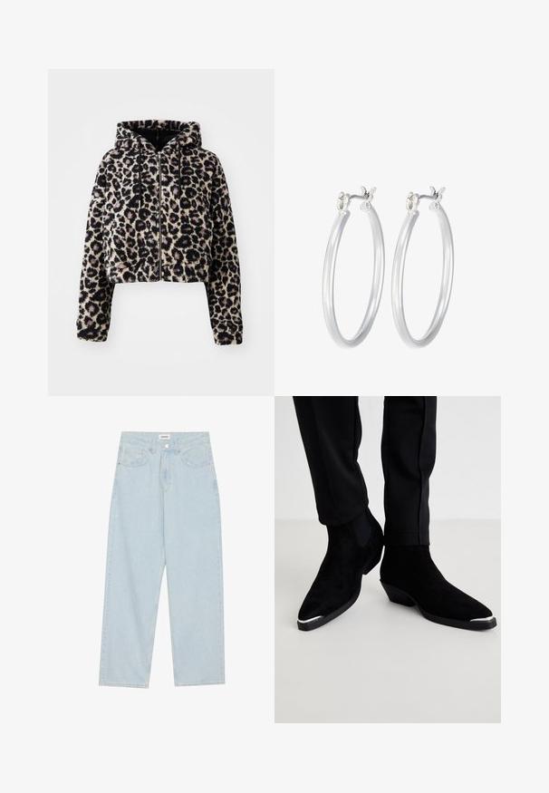 Kortad, hooded jacka i mjuk fuskpäls med en beige basfärg och svarta leopardfläckar. Har dragkedja fram och snoddar på huvan.; Tre långärmade tröjor staplade: svart, grå och vit. Var och en har en rund halsringning och en kort design med mjukt, lätt material.; Ljust blå vida jeans av denim, med en medelhög midja, fem fickor och en knappstängning med en smal metallaccent.; Svarta mockaboots med spetsiga tår och en låg klack. Har en silvrig tåhuvud och elastiska sidopaneler. Bärs med svarta smala byxor.; Silverfärgade hoopörhängen med en slät, polerad yta. Rund form och säker klickstängning. Lättviktig design som passar för vardagligt bruk.