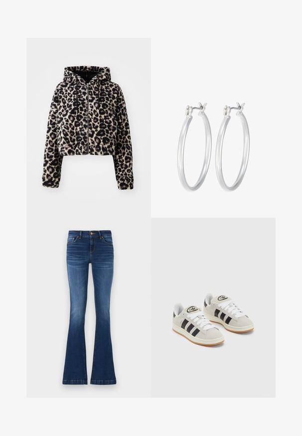 Cropped, hooded jacket in soft faux fur with a tan base color and black leopard spots. Features a zip front and drawstrings on the hood.; Three long-sleeve tops stacked: black, grey, and white. Each has a round neckline and a cropped design with smooth, lightweight fabric.; Flared blue jeans made of denim, featuring a mid-rise waist, five pockets, and contrasting stitching along the seams.; Gray suede sneakers with white laces, black stripes, and a white rubber sole. Features a circular logo on the tongue and a gum sole.; Silver hoop earrings with a smooth, polished finish. Round shape and secure click-top closure. Lightweight design suitable for everyday wear.