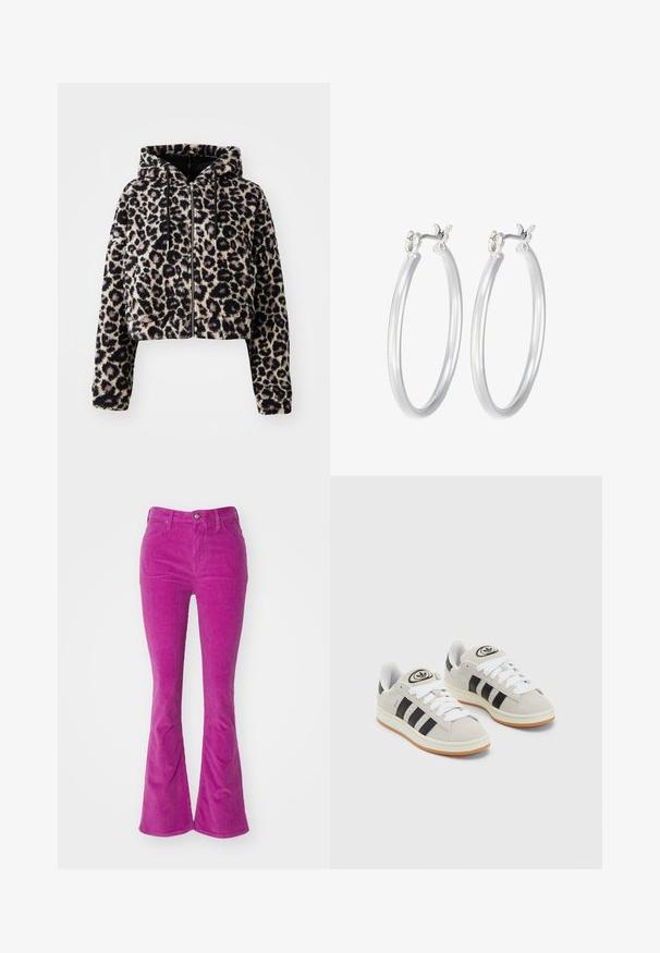Trumpas, gobtuvas turintis švelnų dirbtinį kailį, su šviesiai ruda pagrindo spalva ir juodais leopardų taškeliais. Yra užtrauktukas priekyje ir raišteliai ant gobtuvo.; Trijų ilgomis rankovėmis marškinėlių krūva: juodas, pilkas ir baltas. Kiekvienas turi apvalų iškirpimą ir trumpą dizainą, pagamintas iš lygaus, lengvo audinio.; Platūs džinsai šviesiai rožinės spalvos veliūro audinyje, turintys penkias kišenes, mygtuko uždarymą ir subtilią raštuotą tekstūrą.; Grynos zomšos sneakeriai su baltais raišteliais, juodomis juostelėmis ir balta gumine sole. Turintys apskritą logotipą ant liežuvėlio ir guminę sole.; Sidabriniai auskarai su sklandžiu, poliruotu paviršiumi. Apvalios formos ir saugus uždarymo mechanizmas. Lengvas dizainas, tinkantis kasdieniam dėvėjimui.