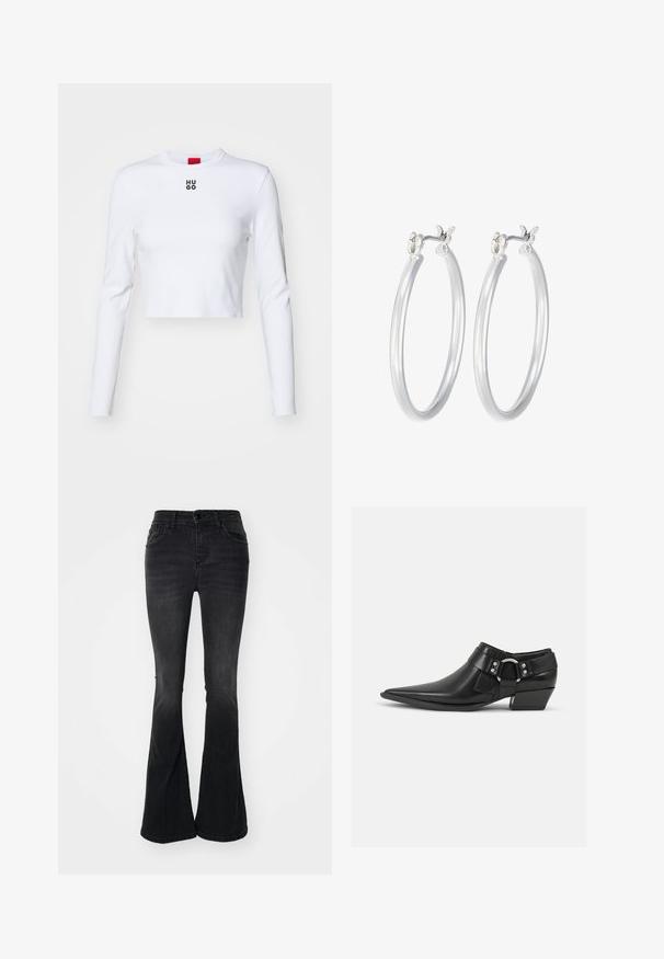 Gekürzte, gefütterte Jacke aus weichem Kunstfell mit beigefarbener Grundfarbe und schwarzen Leopardenflecken. Mit Reißverschluss vorne und Kordelzügen an der Kapuze.; Weißes Langarm-Crop-Top aus Baumwolle mit Rundhalsausschnitt und kleinem schwarzen "HUGO"-Logo auf der Brust. Glatte Textur mit körperbetontem Design.; Schwarze, aus Denim gefertigte Schlagjeans mit hoher Taille, vorderen Taschen, einem Knopfverschluss und einem sauberen Saumabschluss.; Schwarze Leder-Ankle-Boots mit spitzem Zeh, ausgestattet mit einem vorderen Leder-Riemen und einem silbernen Schnallendetail sowie einem niedrigen Blockabsatz.; Silberne Creolen mit einer glatten, polierten Oberfläche. Runder Form und sicherem Klickverschluss. Leichtes Design, geeignet für den täglichen Gebrauch.
