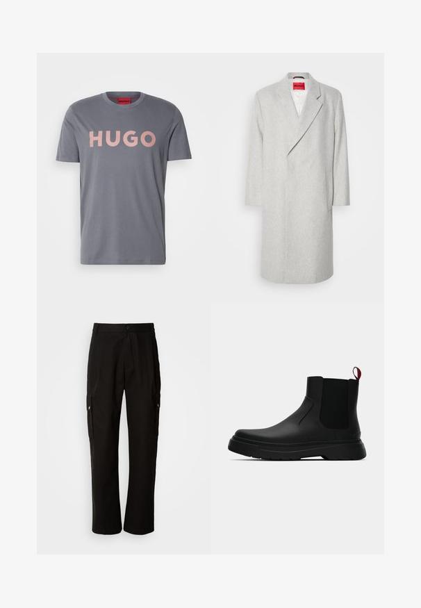 Pilkos vilnos mišinio paltas su išpjautu atlapu, ilgu rankovėmis ir vienspalviu mygtuko užsegimu. Yra kišenė ir ryškiai raudona etiketė viduje.; Grafito spalvos medvilninis marškinėlis trumpomis rankovėmis, su dideliu šviesiai rožiniu užrašu "HUGO" spausdintu priekyje ir apvaliu kaklu.; Juodos krovinių kelnės, pagamintos iš medvilnės, laisvo kirpimo, su šoninėmis kišenėmis, mygtuko uždarymu ir tiesiomis kojomis. Paprastas dizainas, be raštų.; Juodas kulkšninis batas su lygiu paviršiumi, elastiniais šonų intarpais ir kontrastingu raudonu kilimėliu, turintis storą guminį pado ir apvalią nosį.