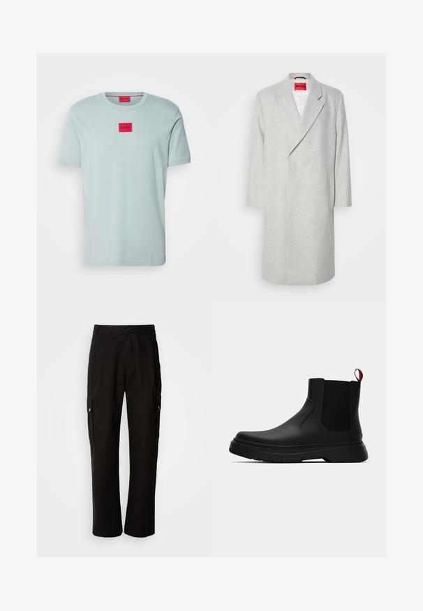 Grå uldblandingsfrakke med spidse klapkraver, lange ærmer og enkeltknapslukning. Har en klaplomme og et lyst rødt mærke indeni.; HUGO DIRAGOLINO - T-shirts basic - open grey; Sorte cargo bukser lavet af bomuld med en afslappet pasform, der har sidelommer, knaplukning og lige ben. Enkel design uden mønstre.; Sort ankelstøvle med en glat overflade, elastiske sidepaneler og en kontrasterende rød træksløjfe, der har en tyk gummisål og rund tå.