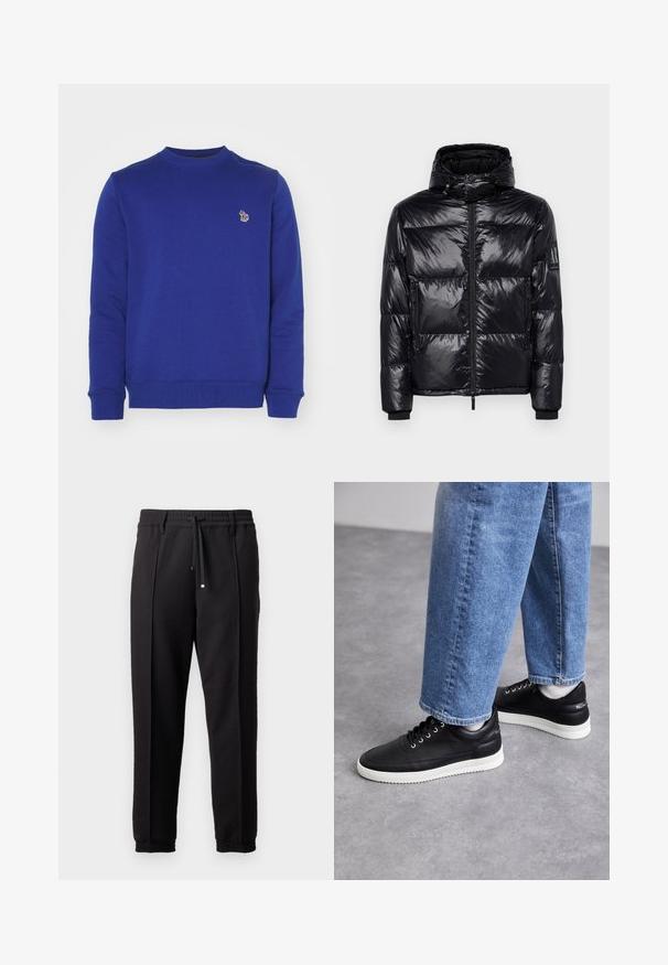 Chaqueta acolchada negra con una textura brillante y acolchada, capucha desmontable, frente con cremallera y bolsillos con cremallera. Presenta un logotipo en la manga.; Sudadera azul hecha de tejido suave, con cuello redondo y puños de canalé. Tiene un pequeño logo bordado en el pecho.; Pantalones negros con cinturilla, cordón y puños elásticos. Presentan pliegues y una tela lisa y texturizada.; Zapatillas de cuero negras con suelas de goma blancas, con cordones redondos, superficie suave y un discreto logo en el talón. Combinadas con jeans azules.